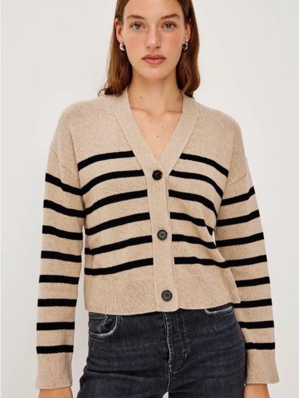 Rails Beige and Black Striped V-Neck Button Cardigan
